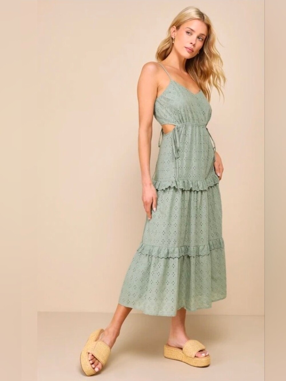 Lulu's Sage Green Eyelet Tiered Maxi Dress
